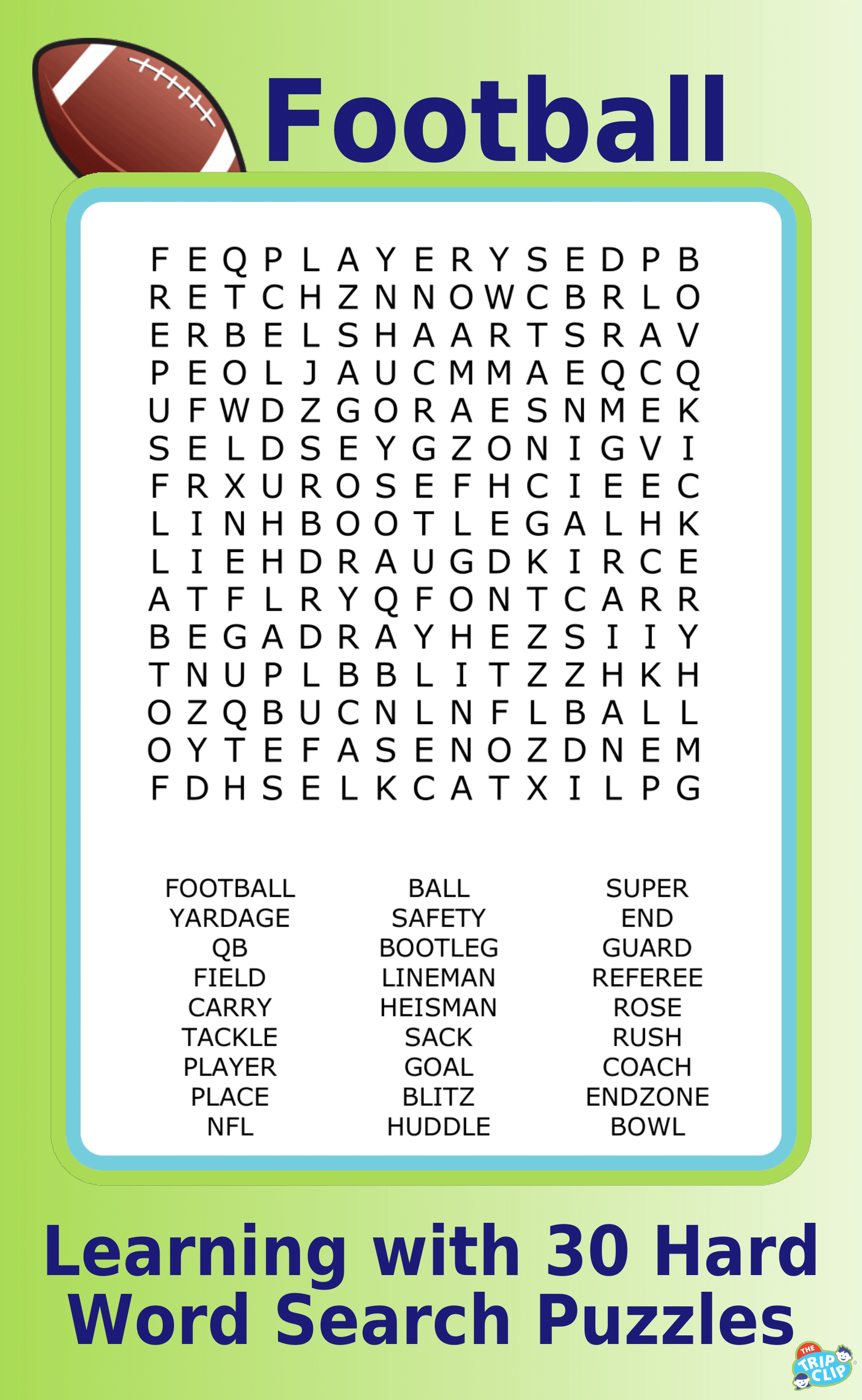 A 15x15 football-themed word search puzzle