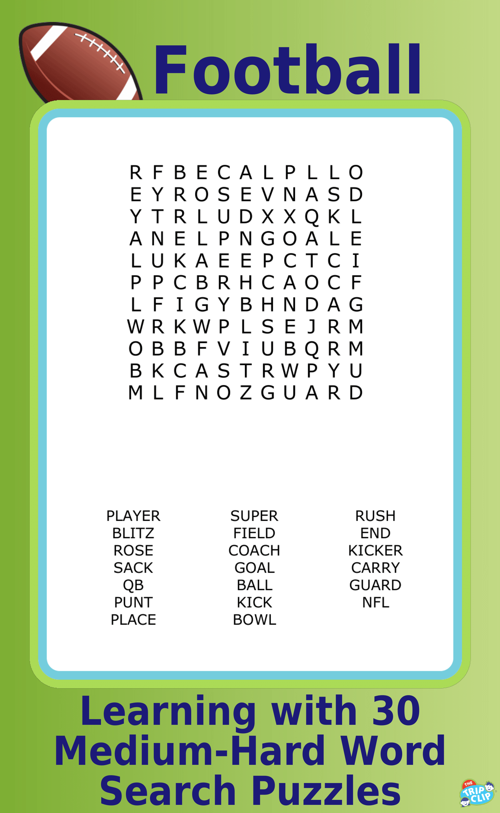 An 11x11 football-themed word search puzzle