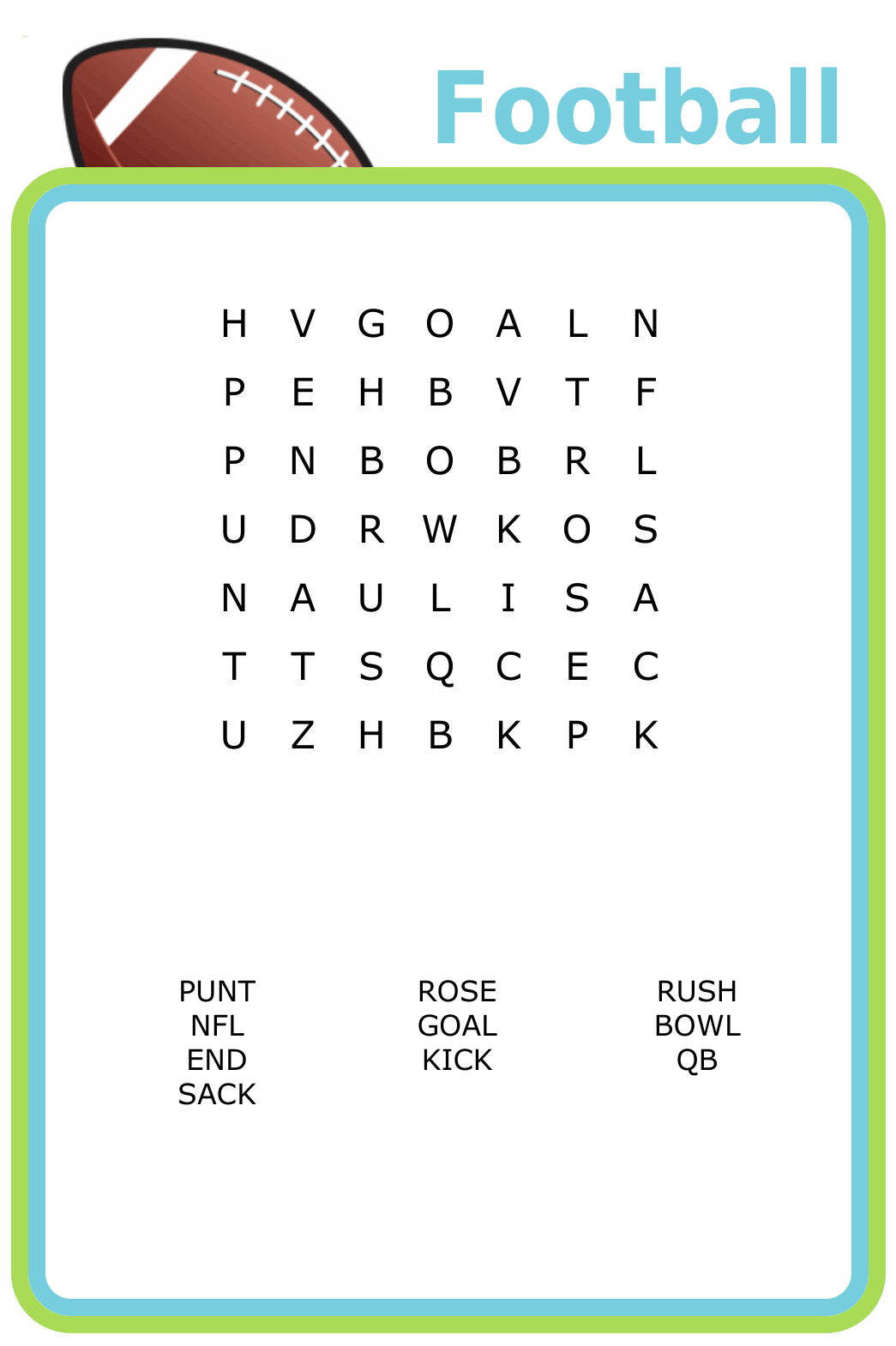 7x7 Football-themed word search puzzle