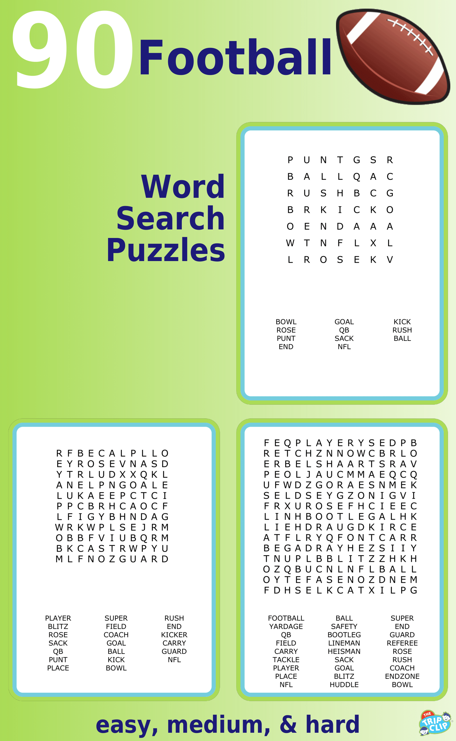 7x7, 11x11, and 15x15 football-themed word search puzzles