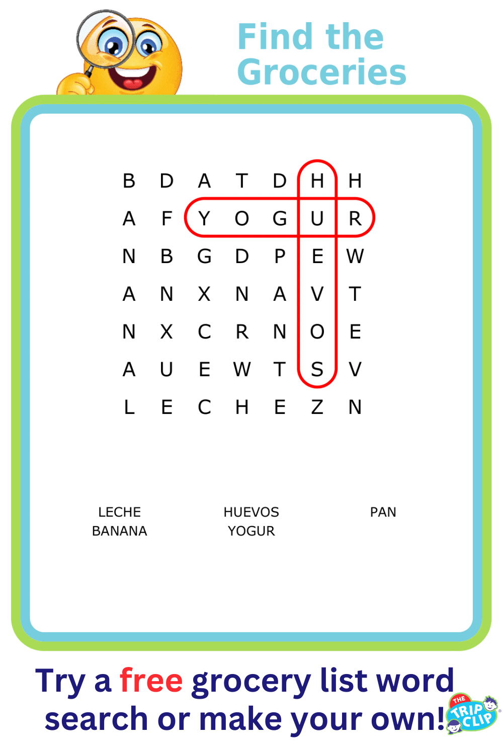 Grocery word search puzzle 9x9 - huevos, leche, yogur, bananas pescado, manzanas