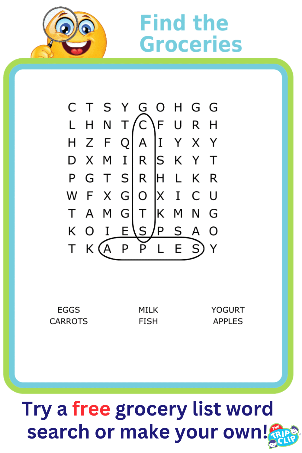 Grocery word search puzzle 9x9 - eggs, milk, yogurt, carrots, fish, apples