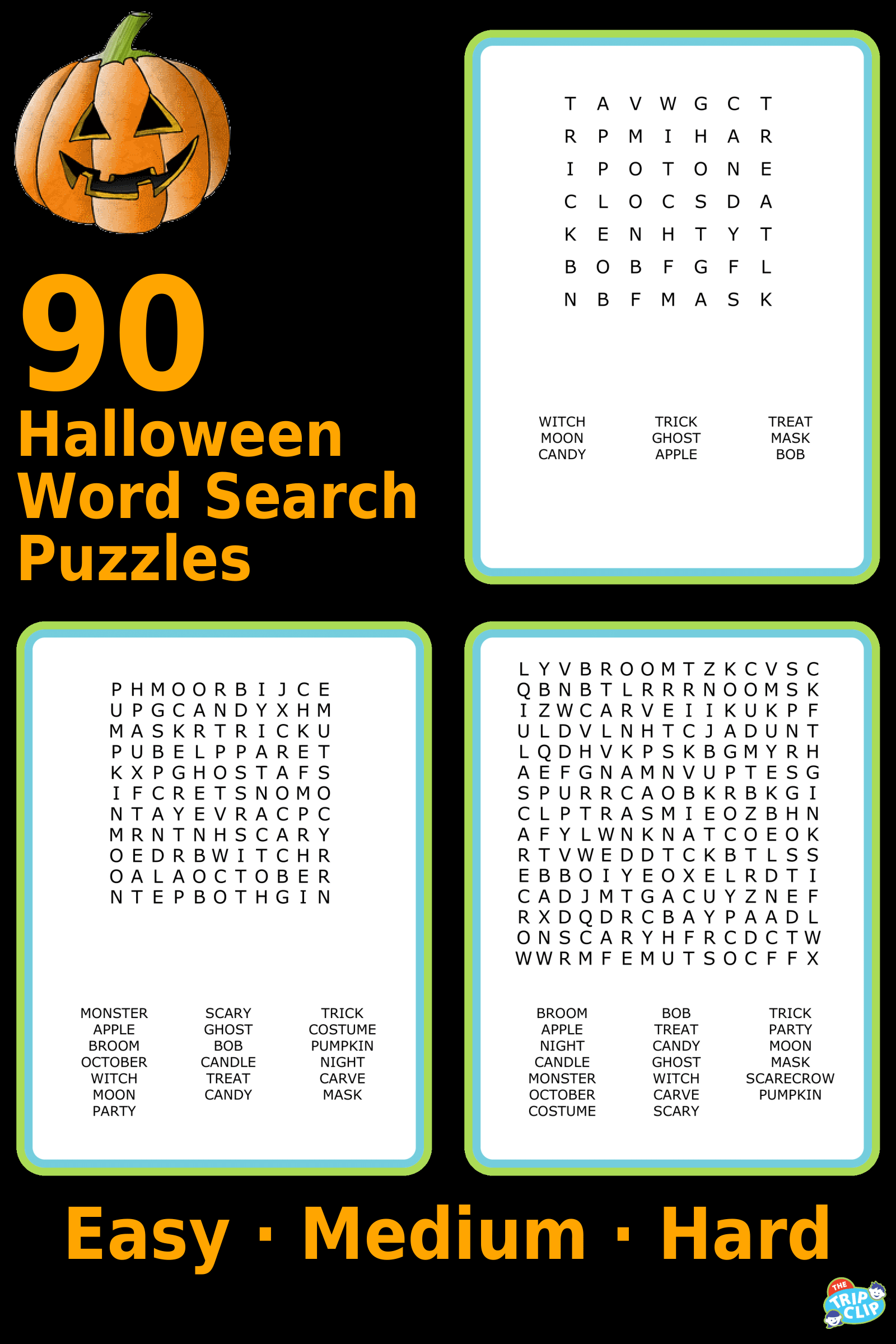 7x7, 11x11, and 15x15 Halloween-themed word search puzzles