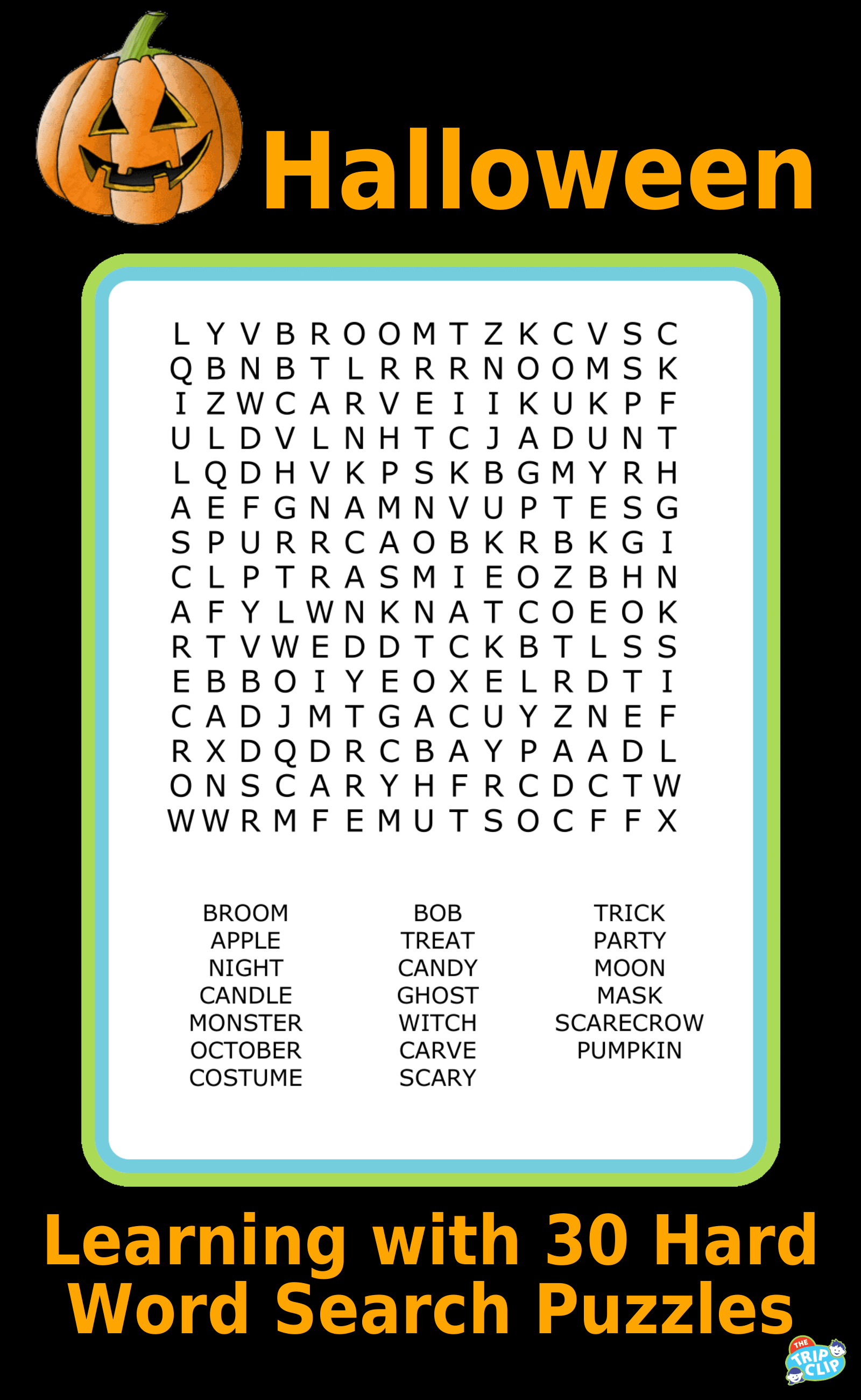 A 15x15 Halloween-themed word search puzzle