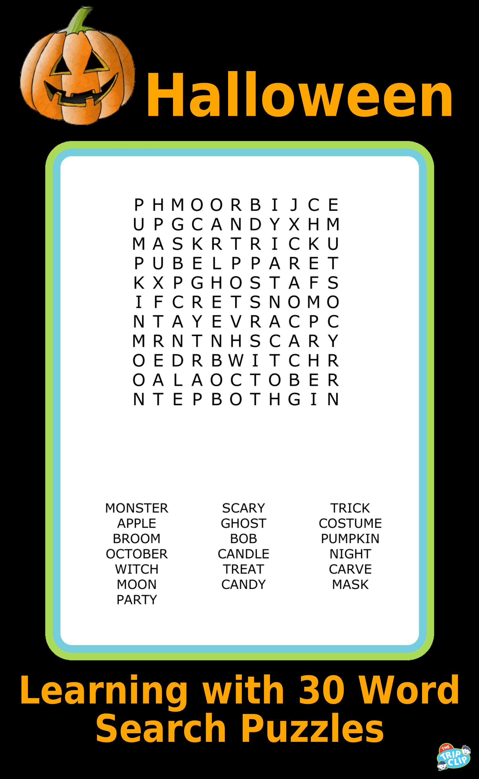 An 11x11 Halloween-themed word search puzzle