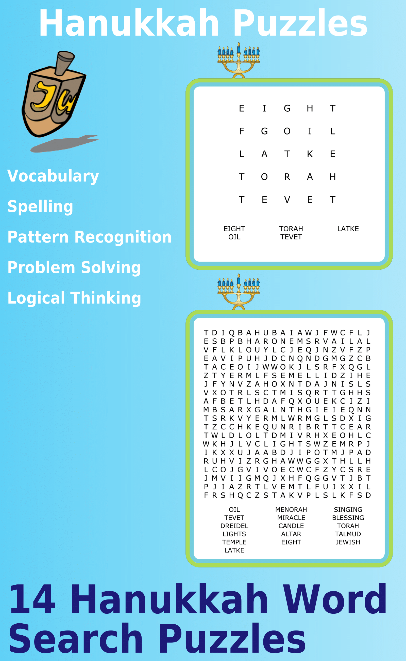 a 5x5 Hanukkah word search puzzle and a 20x20 Hanukkah word search puzzle