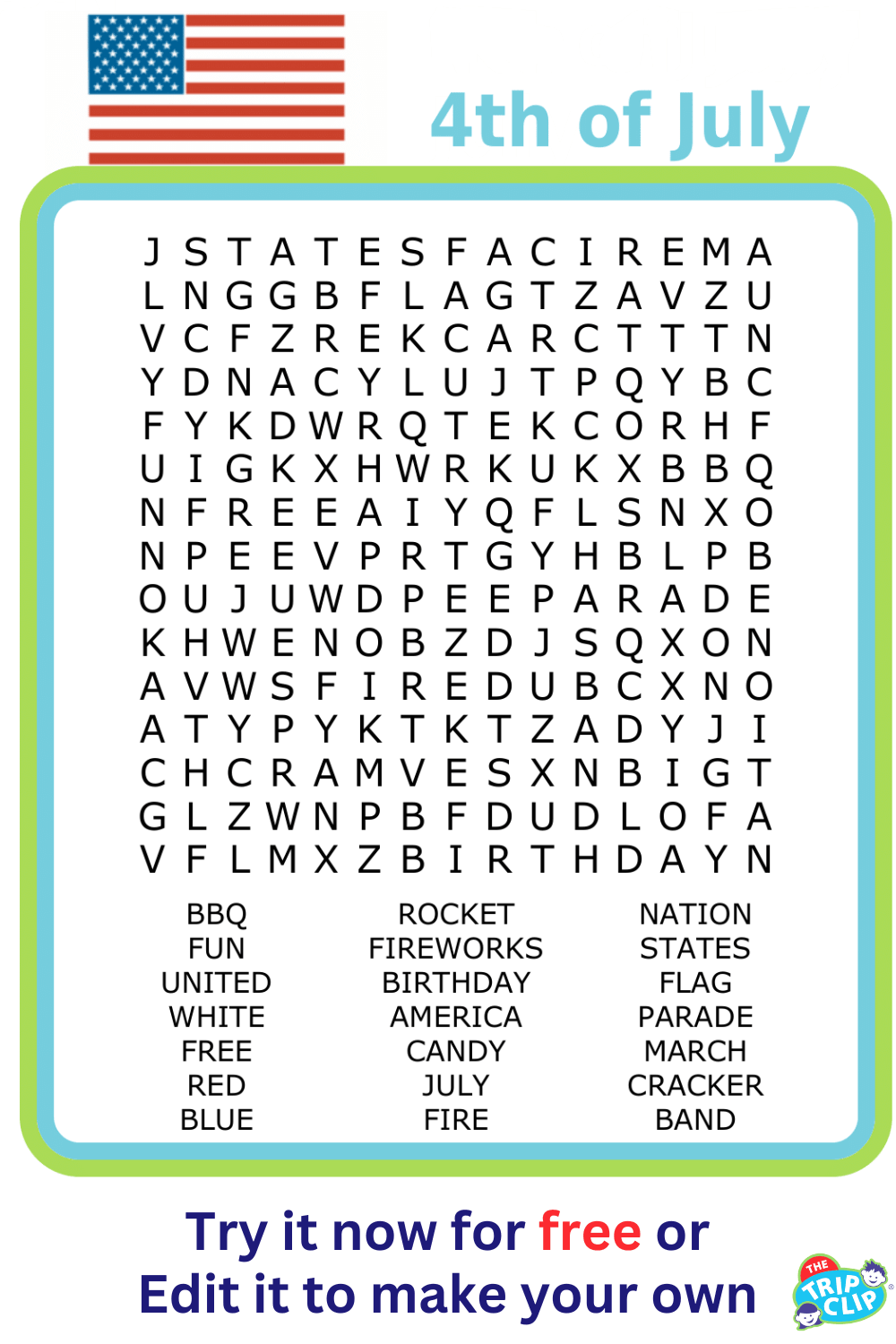 15x15 4th of July word search puzzle