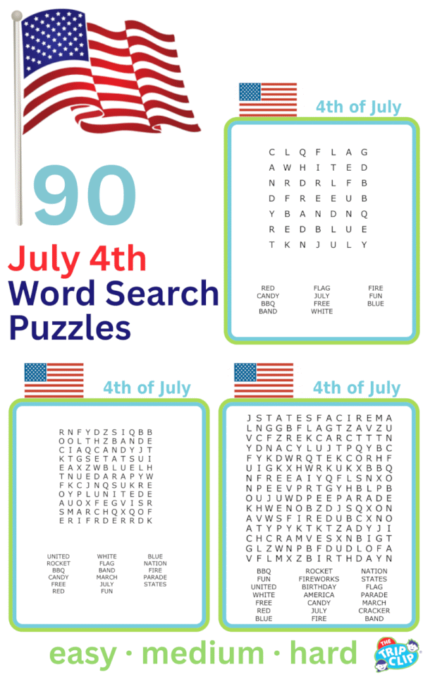 7x7, 11x11, and 15x15 July 4th-themed word search puzzles