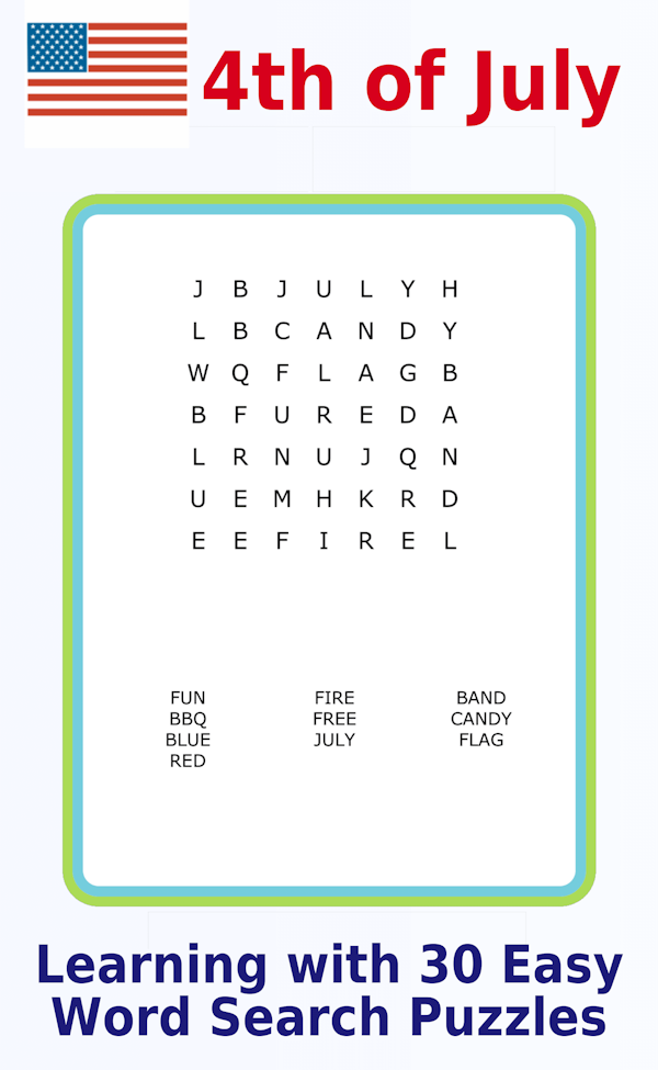 A 7x7 July 4th-themed word search puzzles