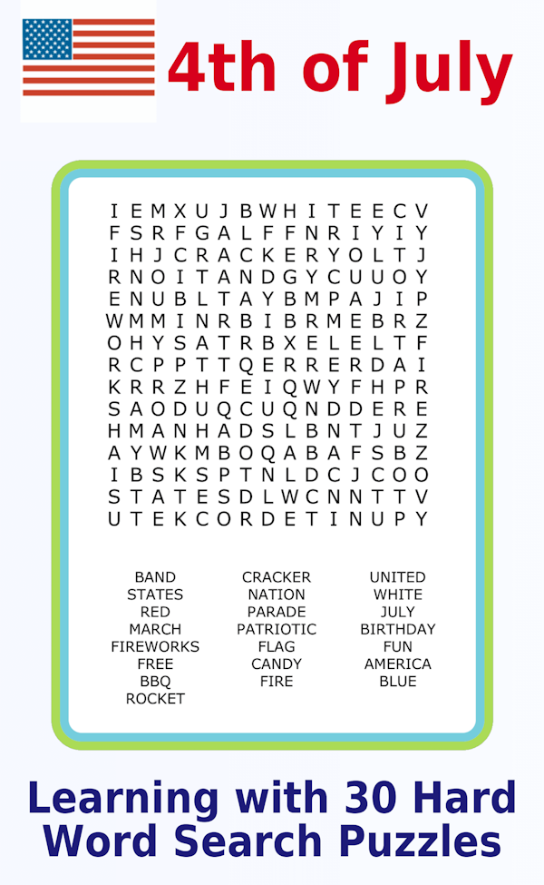 A 15x15 July 4th-themed word search puzzle