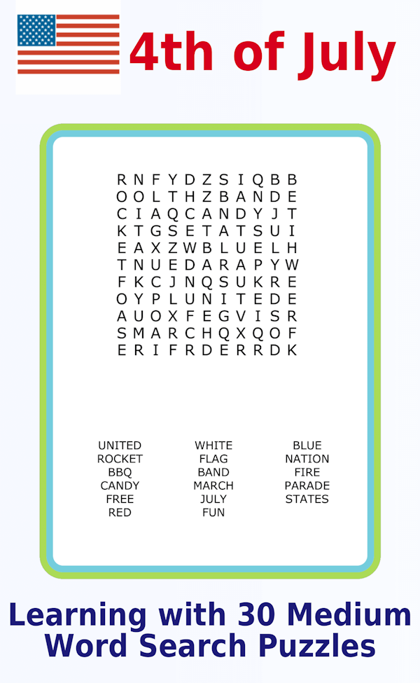 An 11x11 July 4th-themed word search puzzle