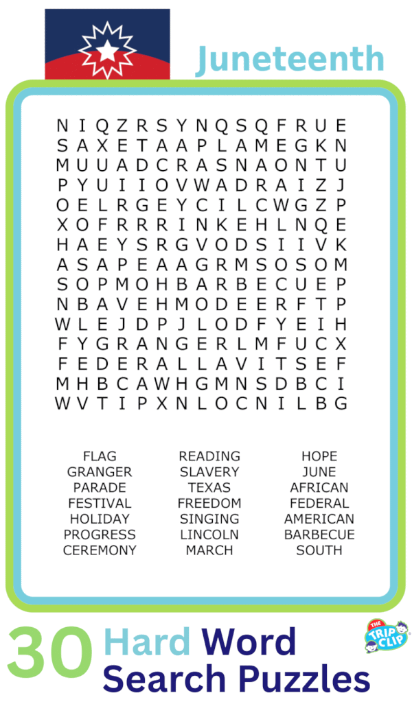 A 15x15 Juneteenth-themed word search puzzle