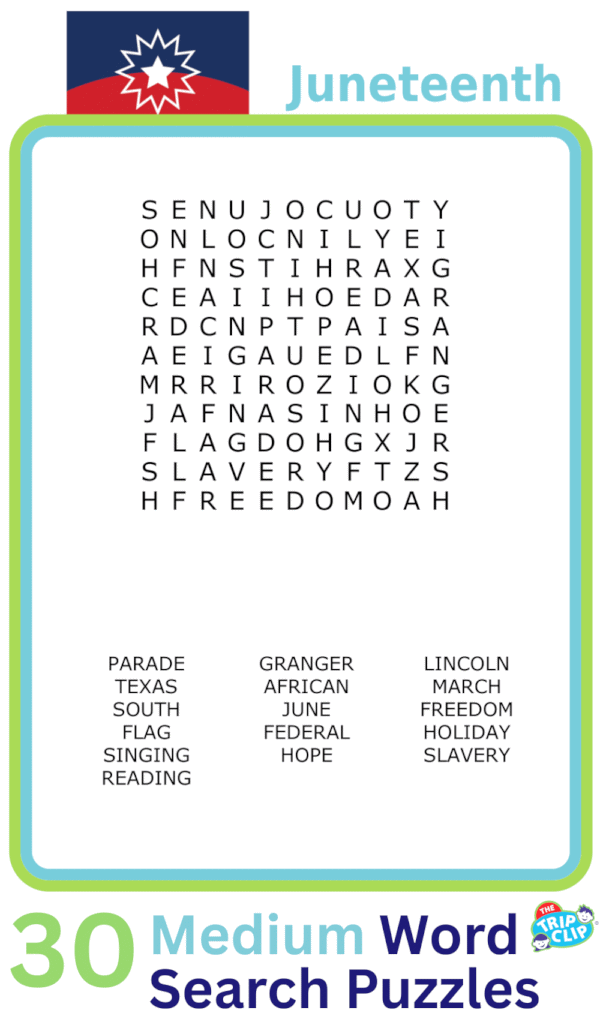 An 11x11 Juneteenth-themed word search puzzle