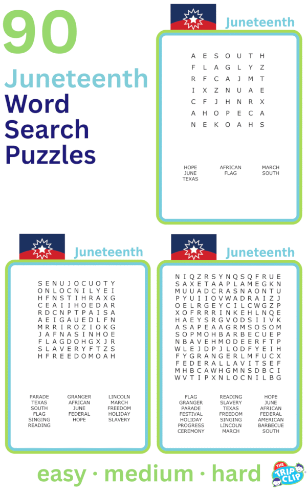 7x7, 11x11, and 15x15 Juneteenth-themed word search puzzles