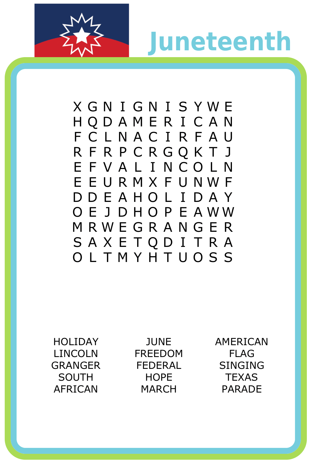 11x11 Juneteenth-themed word search puzzle