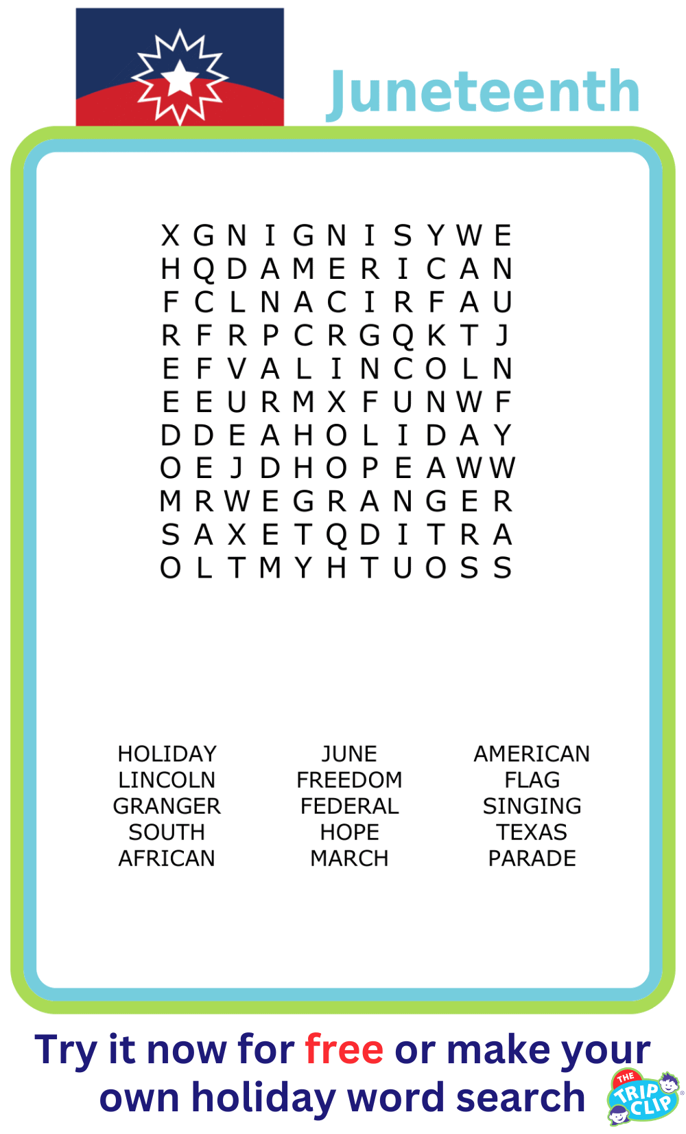 11x11 Juneteenth-themed word search puzzle