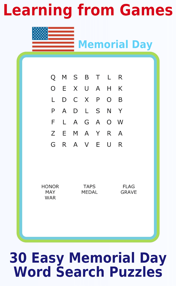 A 7x7 Memorial Day-themed word search puzzles