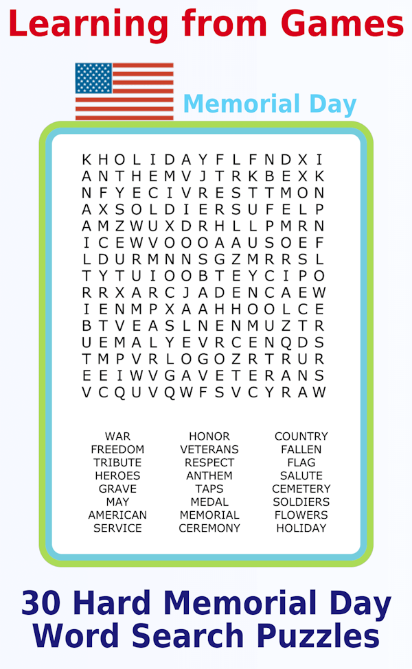 A 15x15 Memorial Day-themed word search puzzle