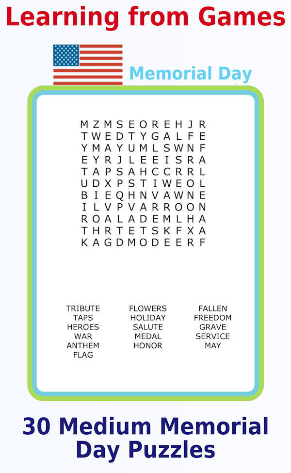 An 11x11 Memorial Day-themed word search puzzle