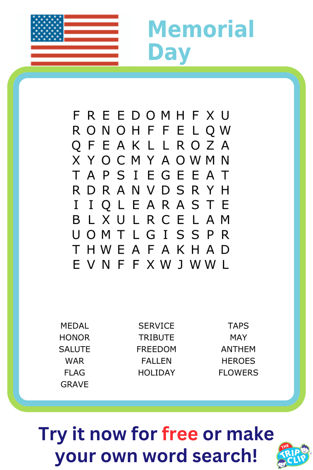 11x11 Memorial Day-themed word search puzzle