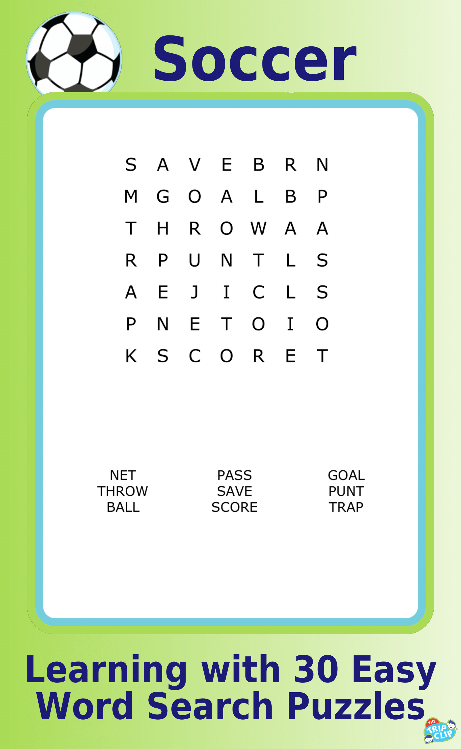 A 7x7 soccer-themed word search puzzles