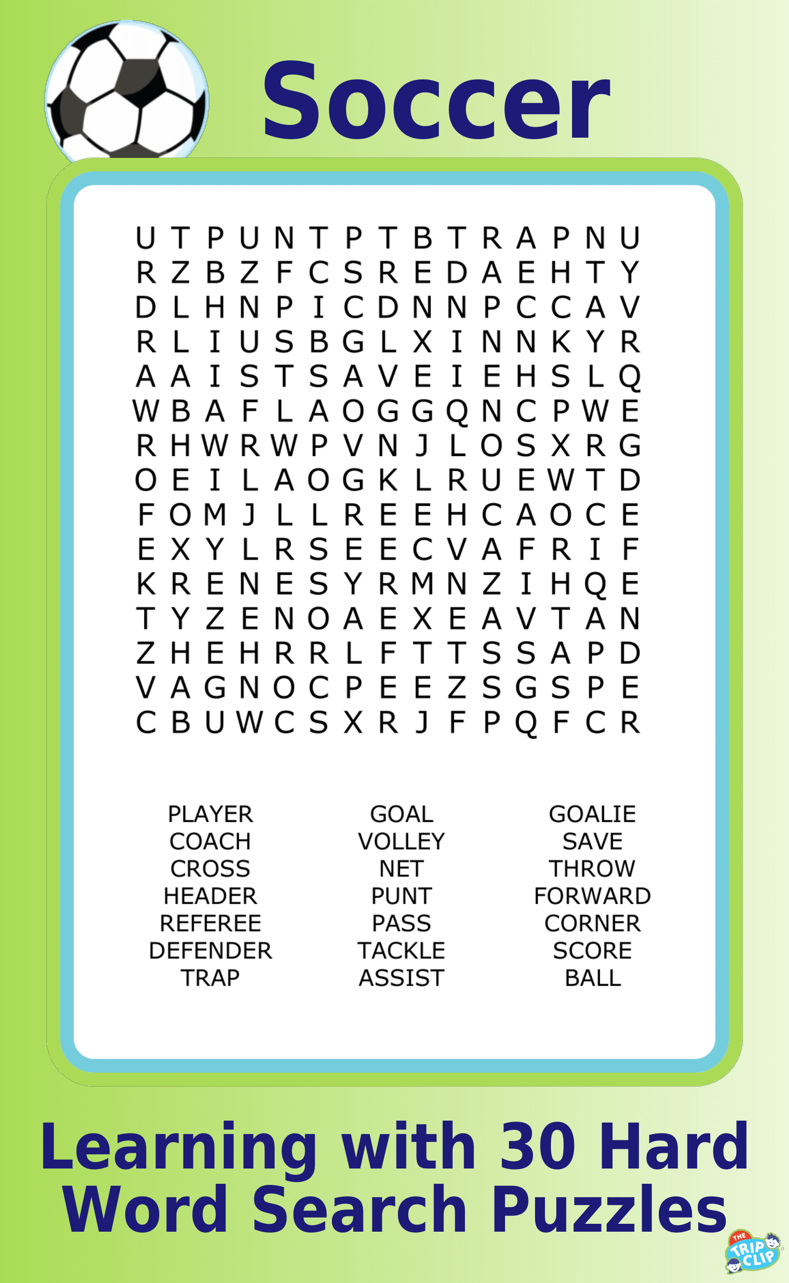 A 15x15 soccer-themed word search puzzle