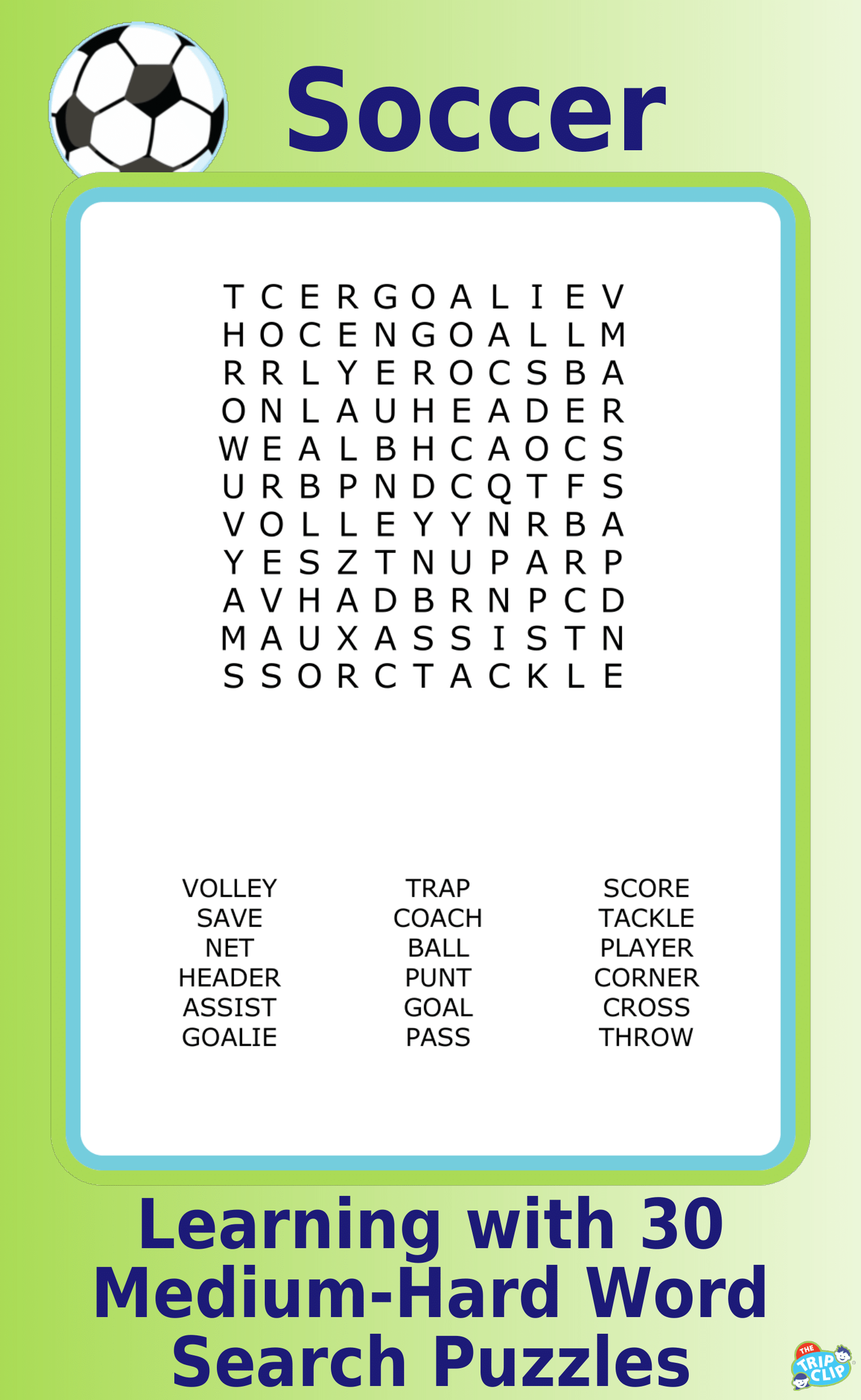 An 11x11 soccer-themed word search puzzle