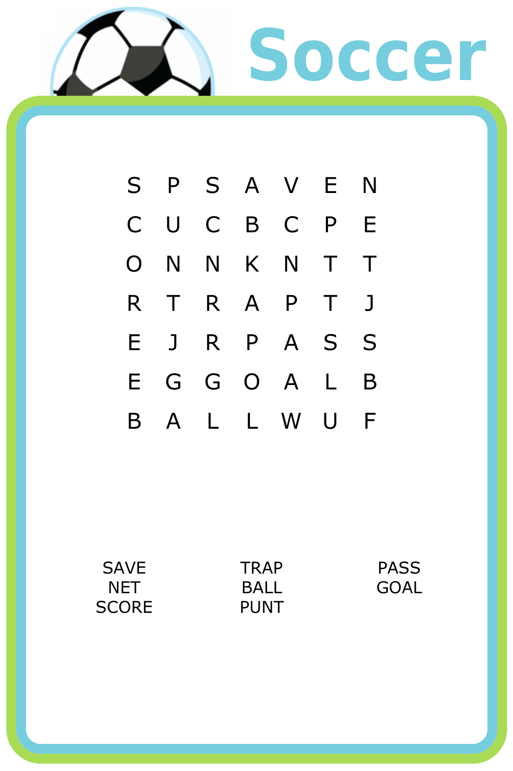 7x7 Soccer-themed word search puzzle