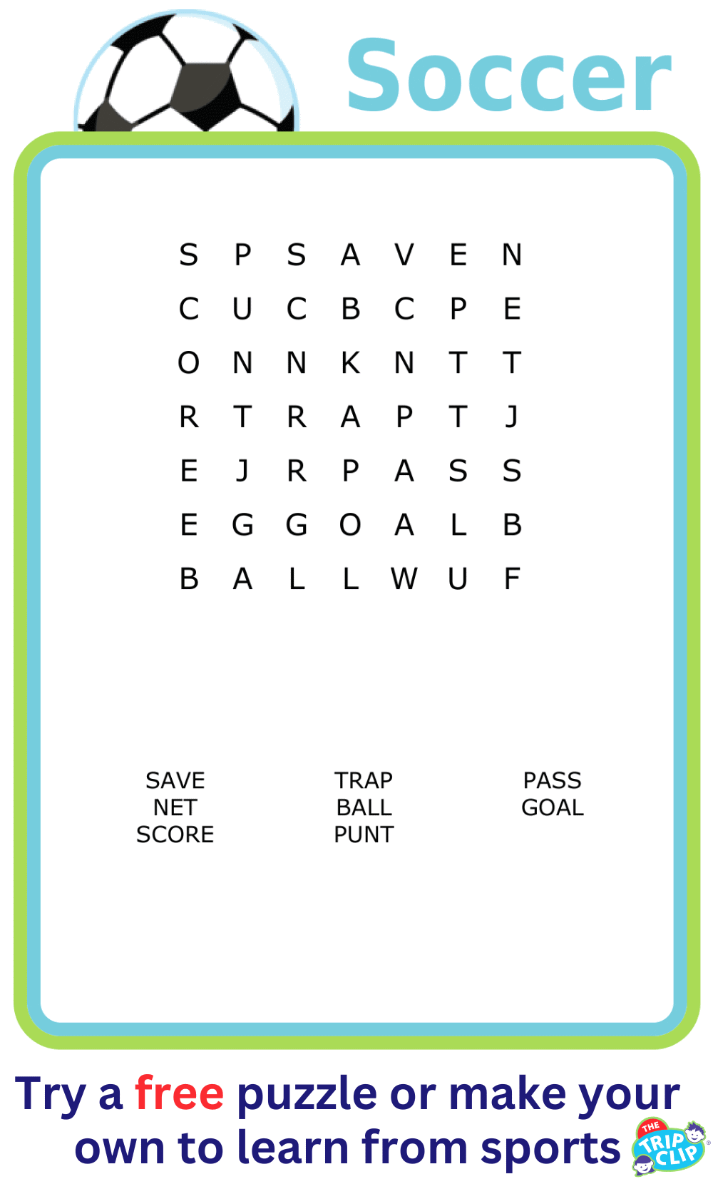 7x7 Soccer-themed word search puzzle