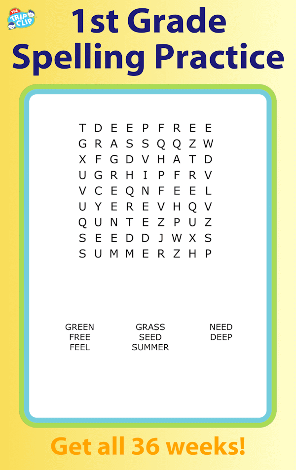 First grade spelling word search puzzle for kids