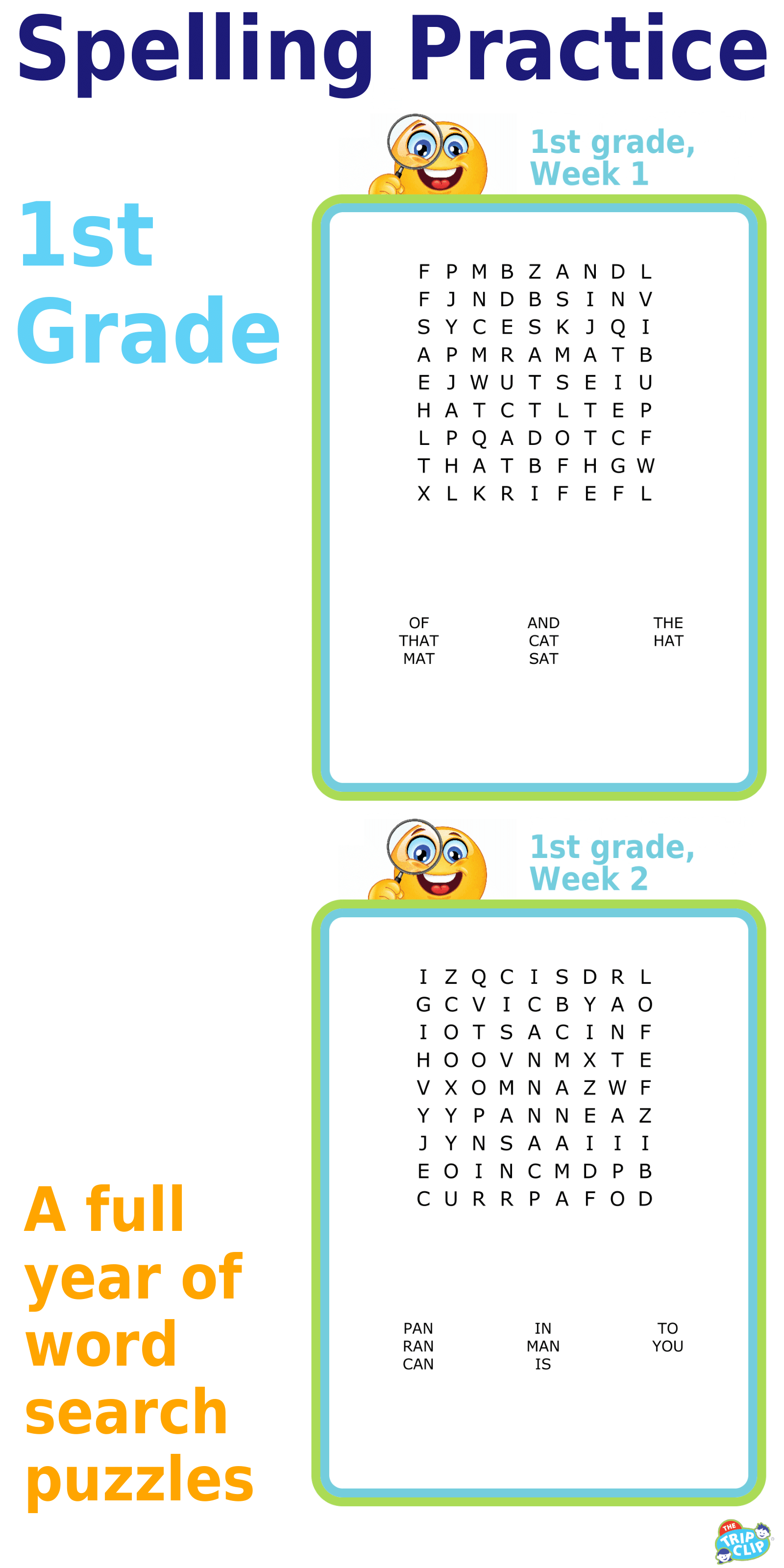 First grade spelling word search puzzle for kids