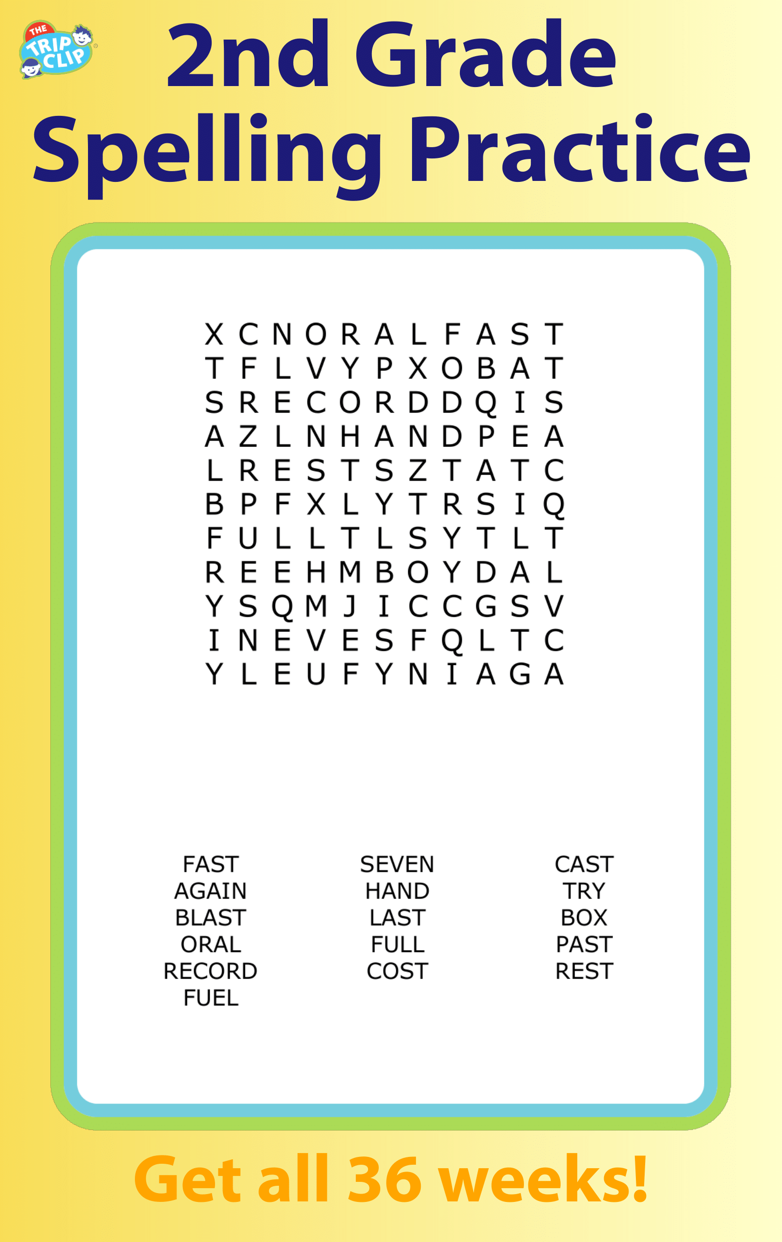 Second grade spelling word search puzzle for kids