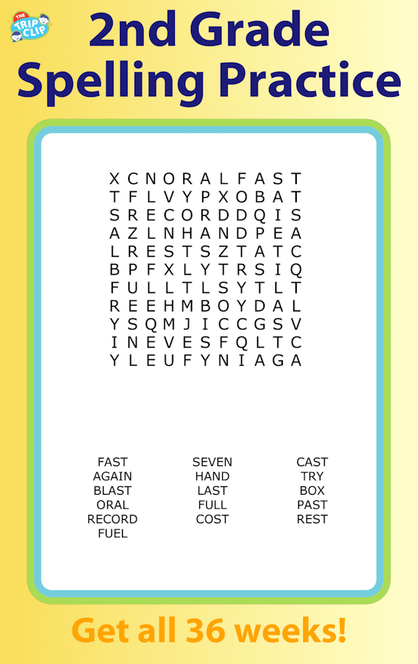 Second grade spelling word search puzzle for kids