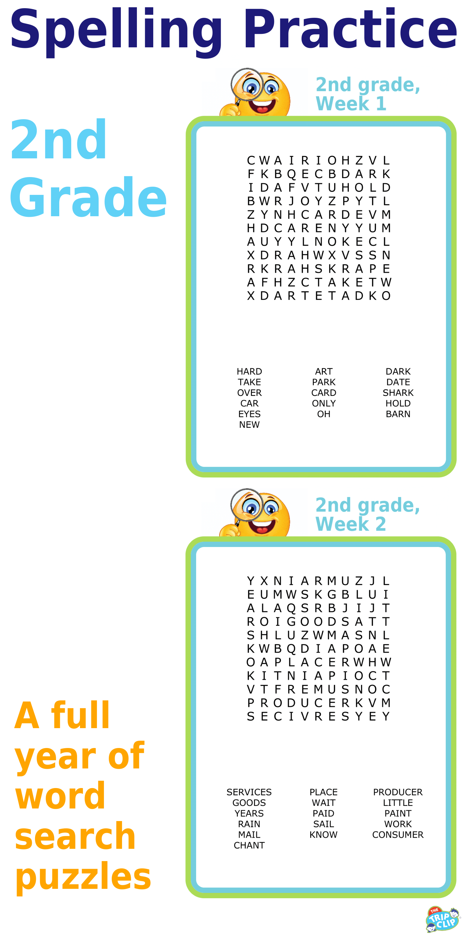 Second grade spelling word search puzzle for kids