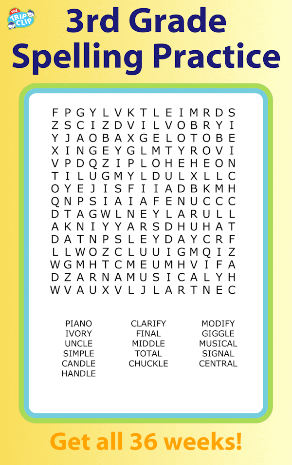 Third grade spelling word search puzzle for kids