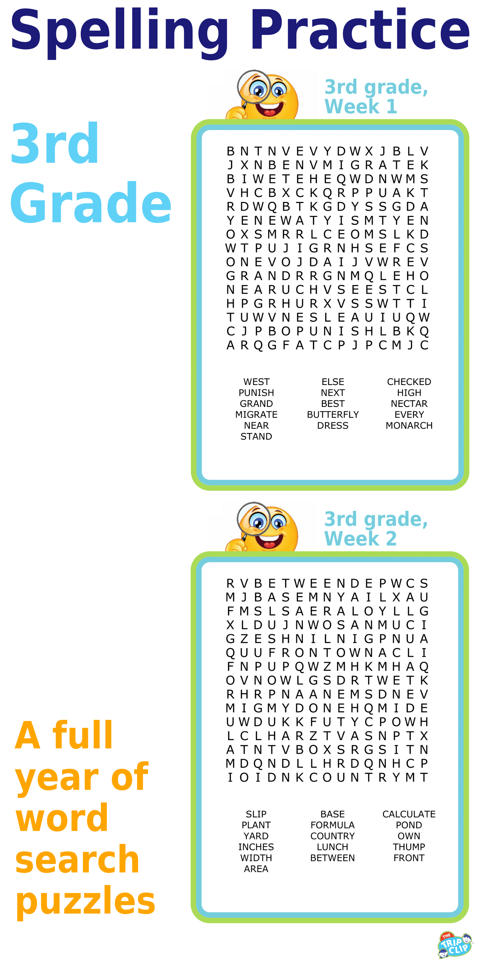 Third grade spelling word search puzzle for kids