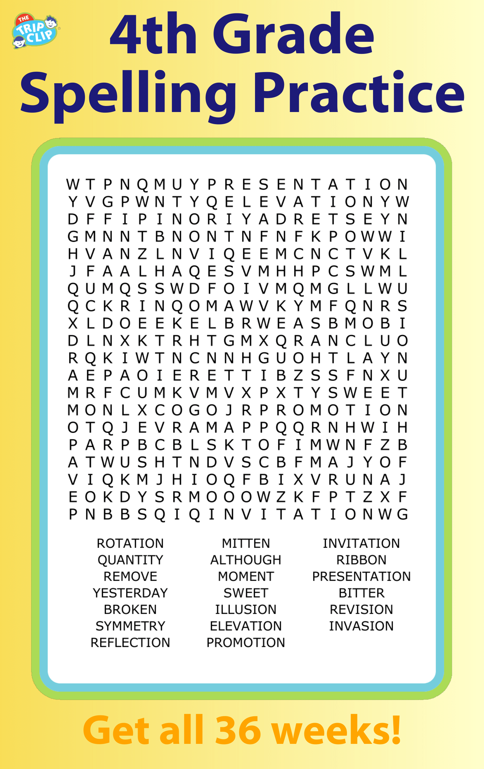 Fourth grade spelling word search puzzle for kids