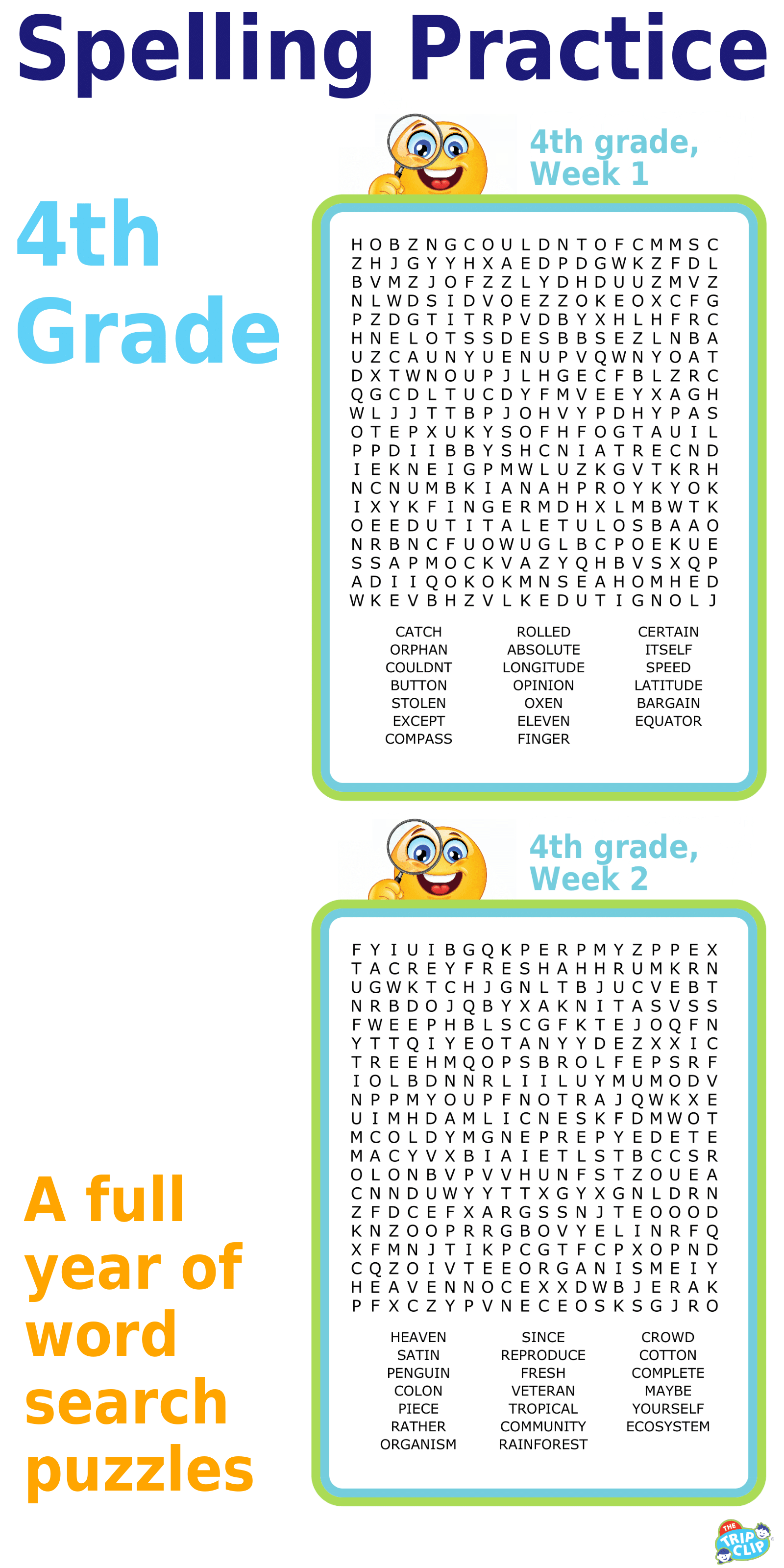 Fourth grade spelling word search puzzle for kids