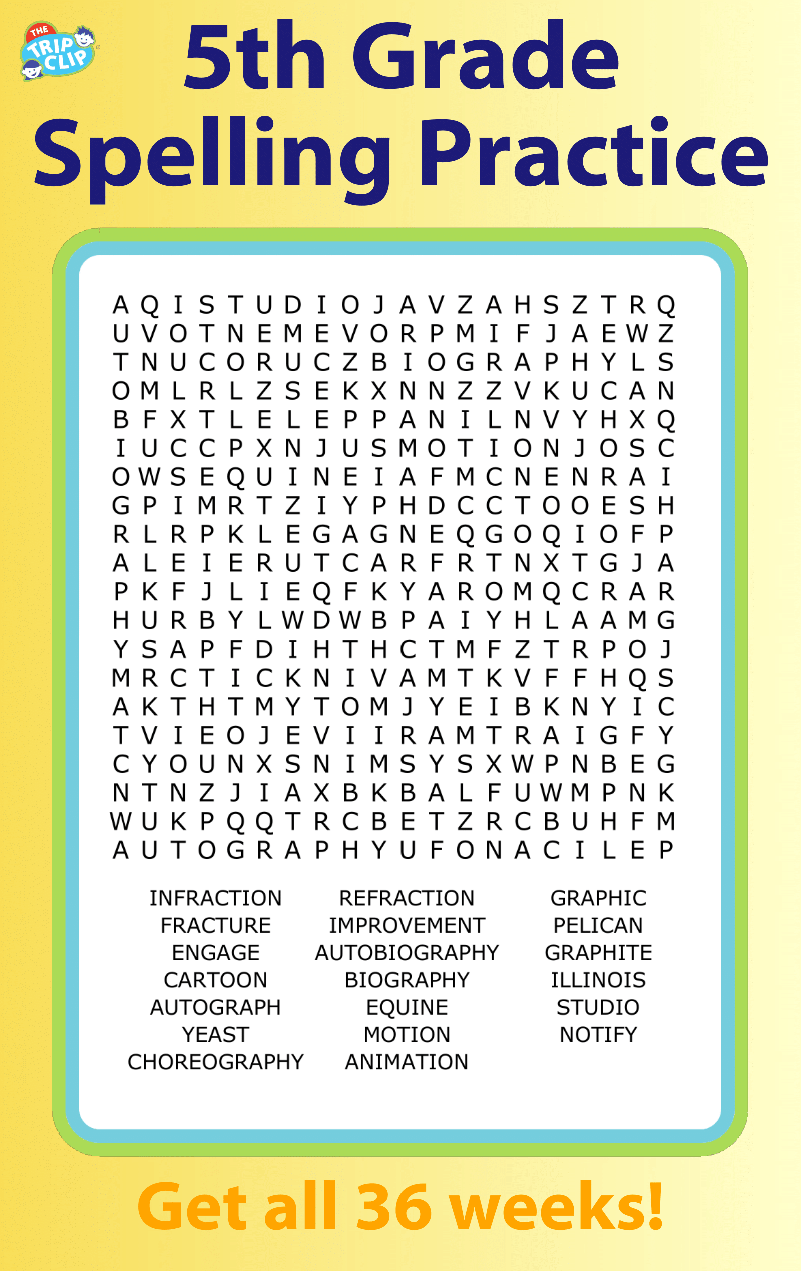 Fifth grade spelling word search puzzle for kids