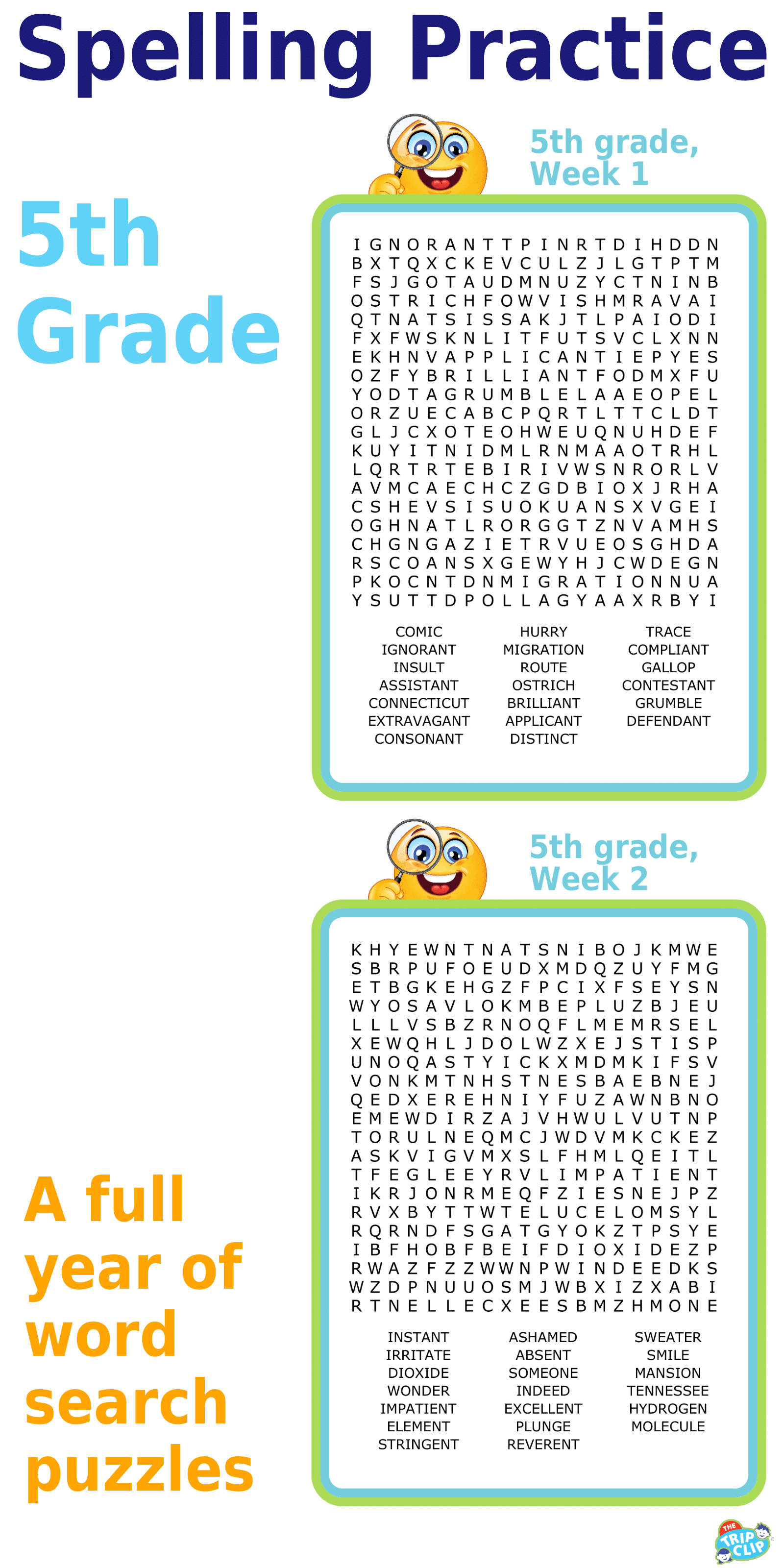 Fifth grade spelling word search puzzle for kids