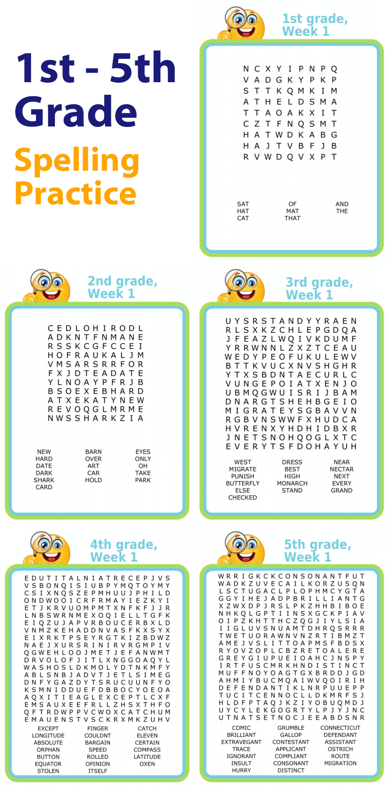 First through fifth grade spelling word search puzzles for kids