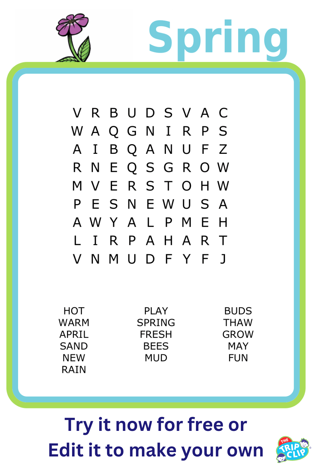 9x9 Spring-themed word search puzzle