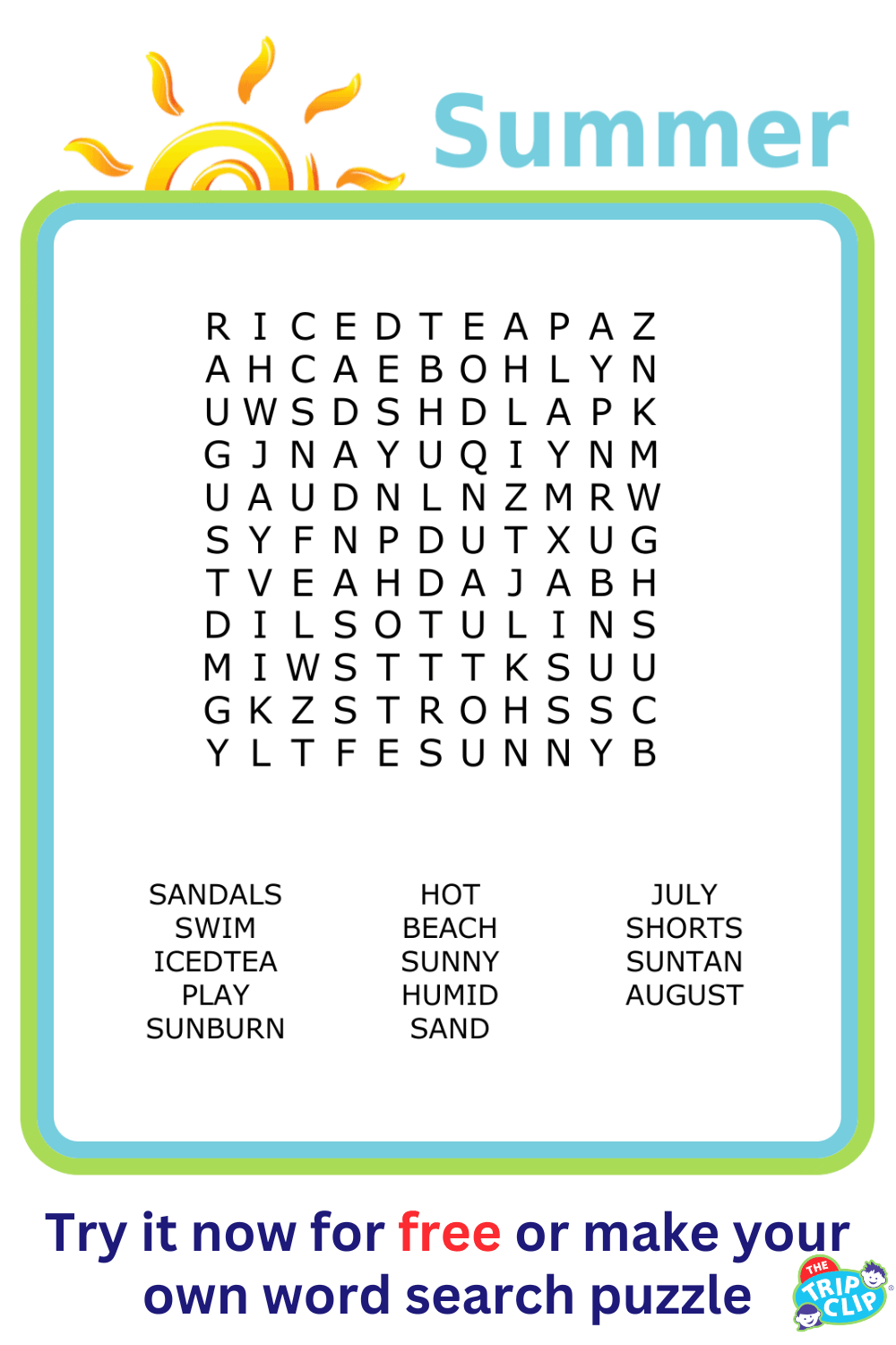 11x11 Summer-themed word search puzzle