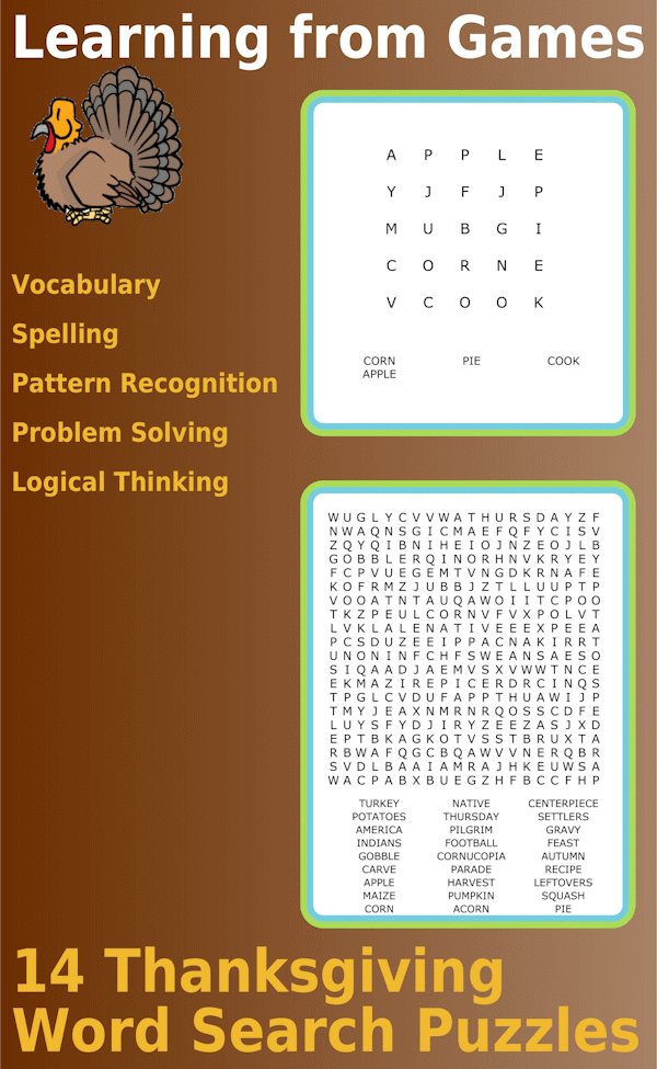 a 5x5 Thanksgiving word search puzzle and a 20x20 Thanksgiving word search puzzle