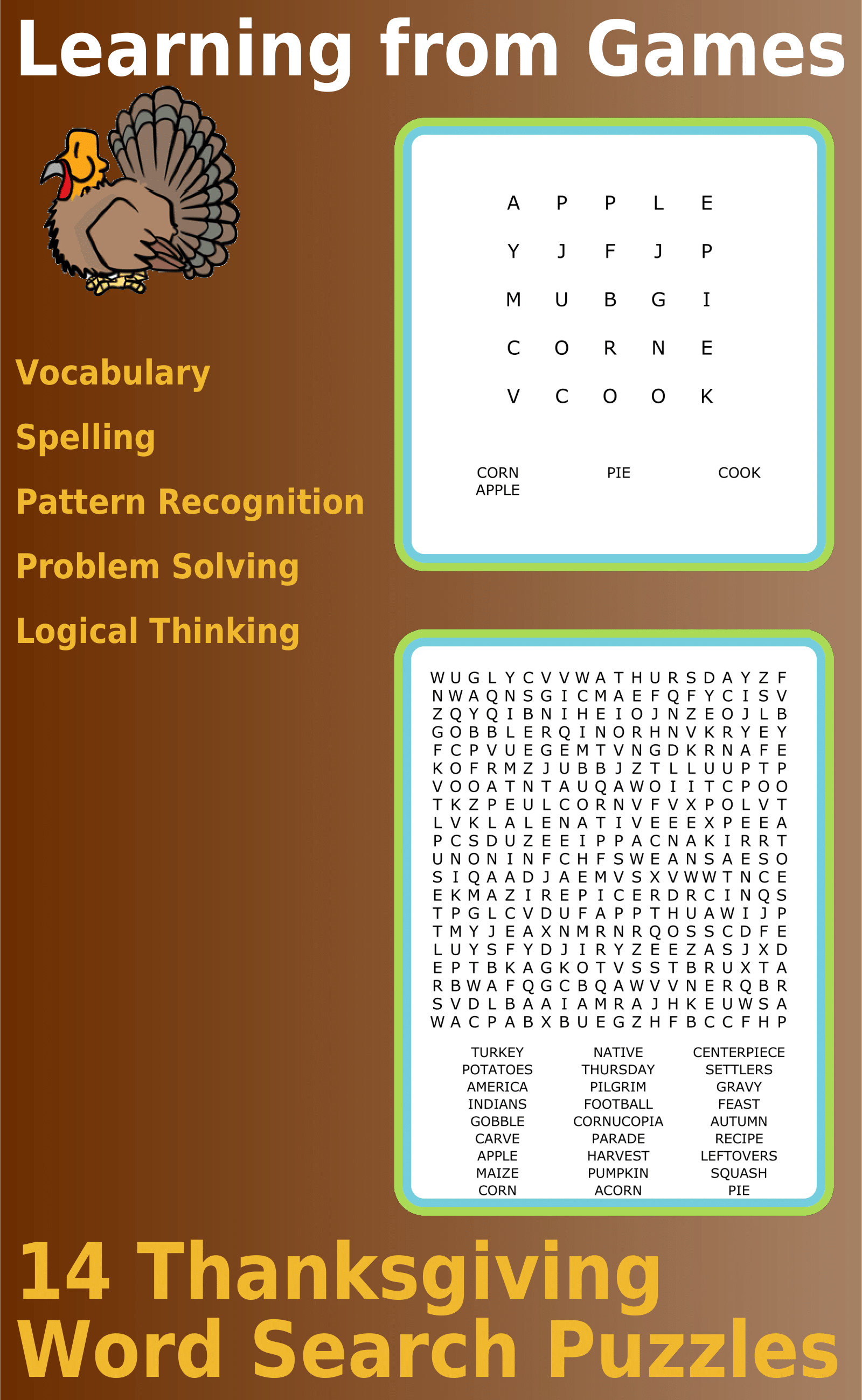 a 5x5 Thanksgiving word search puzzle and a 20x20 Thanksgiving word search puzzle