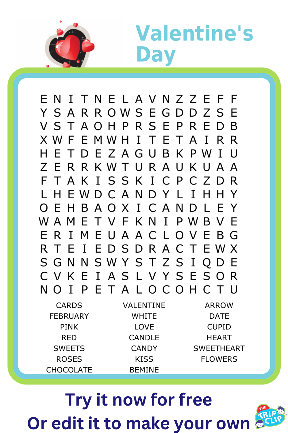 15x15 Valentine's Day word search puzzle