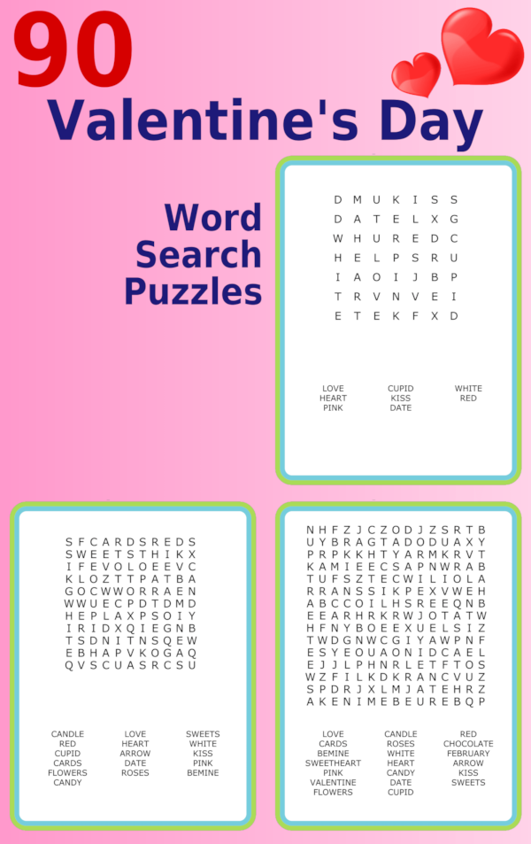 7x7, 11x11, and 15x15 Valentine-themed word search puzzles