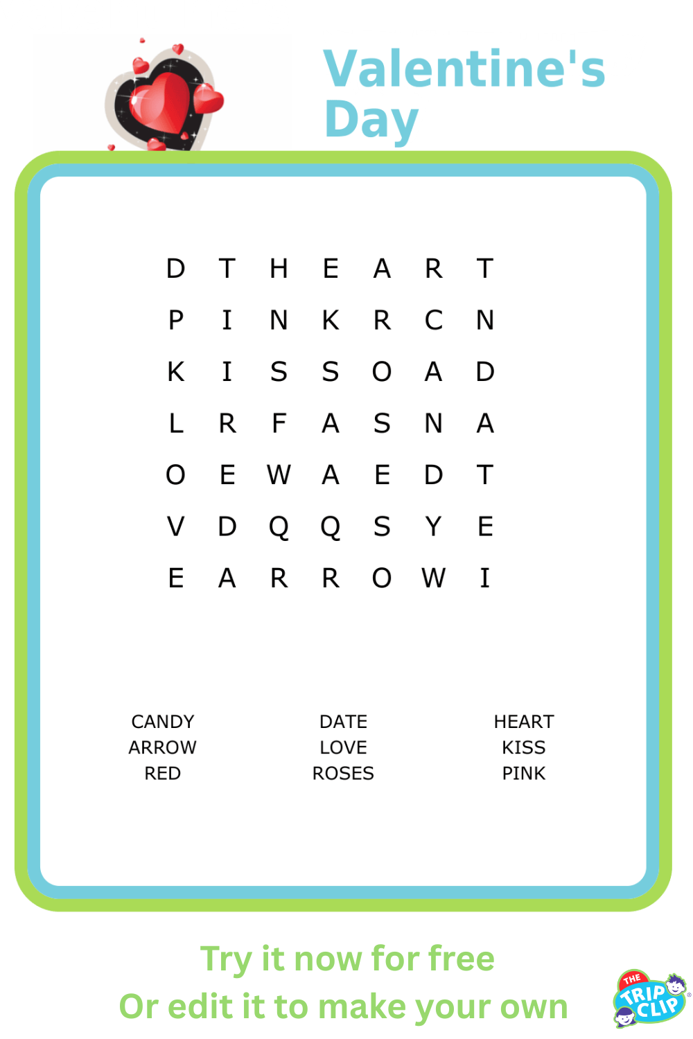 7x7 Valentine's Day word search puzzle