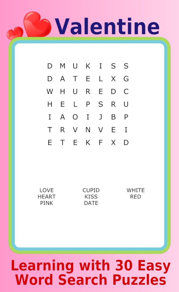 A 7x7 Valentine-themed word search puzzle
