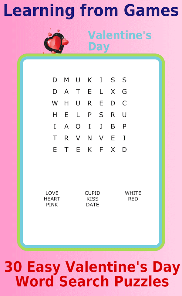 A 7x7 Valentine-themed word search puzzle